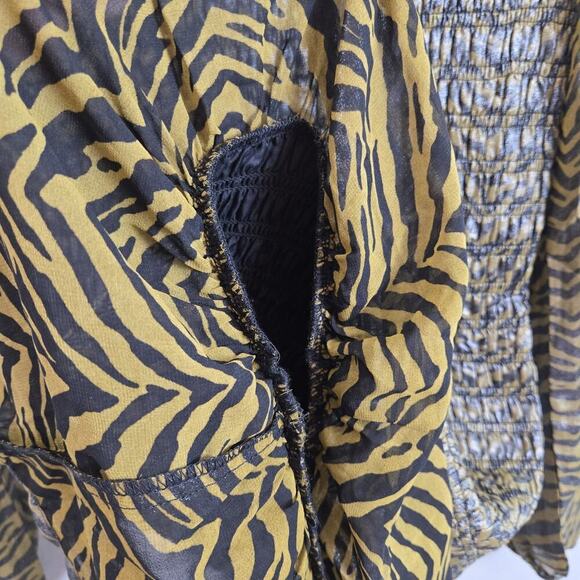 Forever 21 Smocked Tiger Print Metallic Party Mini Dress M Ruffle Hem Steampunk - Picture 6 of 7